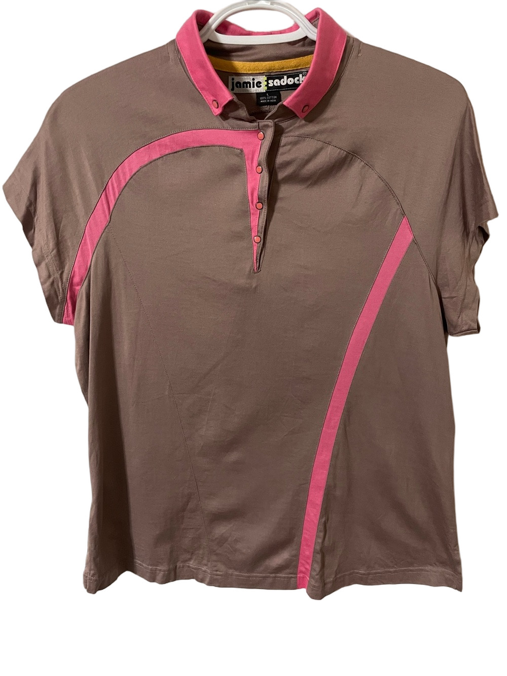 Jamie Sadock Dark Taupe Polo Tee with Pink Trim Accents Size Large